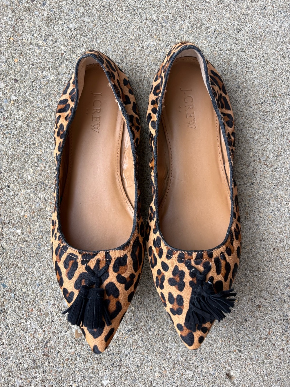 J. Crew Calf Hair Animal Print Pointed Toe Tassel Flats - Brown/Black Size 7